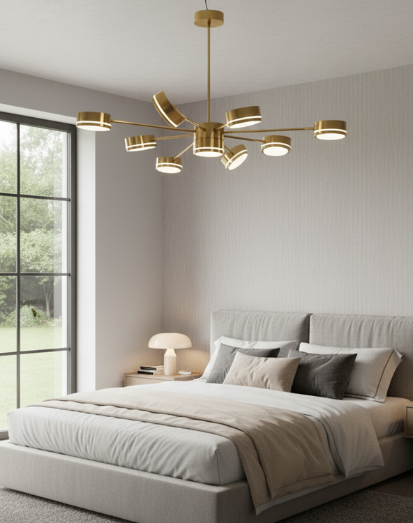 لوستر مدرن طلایی نصب شده در پذیرایی شیک