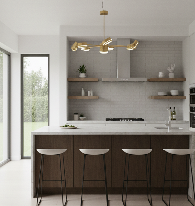 نمای کلی لوستر مدرن طلایی مدل شله در دکوراسیون داخلی